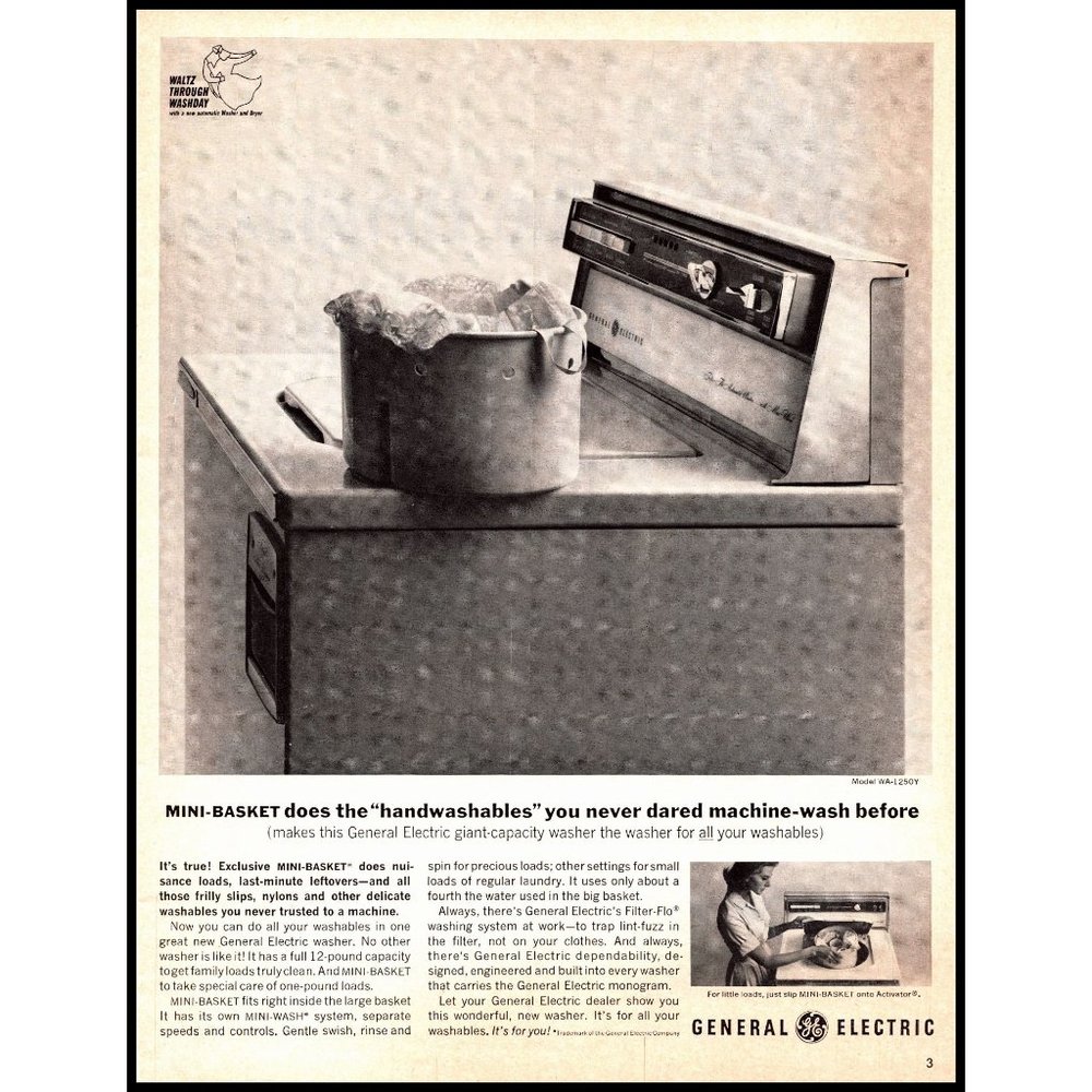 1963 GE General Electric Washing Machine Vintage Print Ad Mini Basket Washer Art